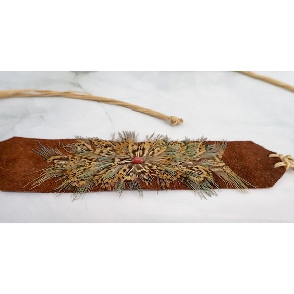 Western Feather Cowboy Hatband on Leather with Beaded Macrame Ties Adjustable - Picture 9 of 10